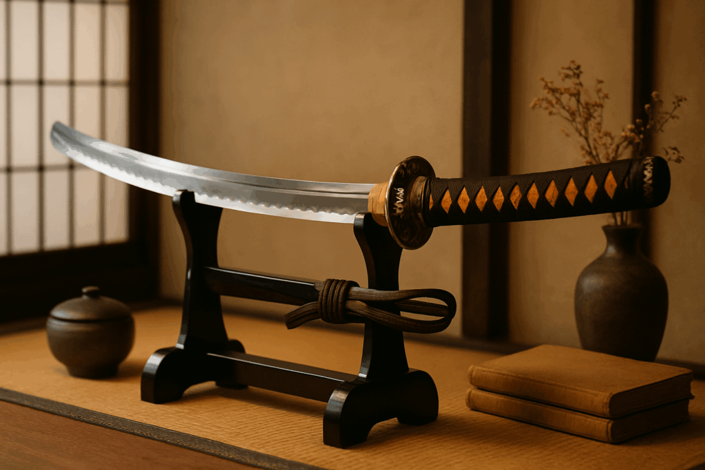 alt_text: "Elegant katana on display, surrounded by traditional elements, showcasing craftsmanship and culture."