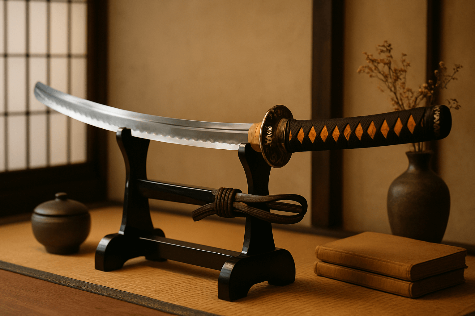 alt_text: "Elegant katana on display, surrounded by traditional elements, showcasing craftsmanship and culture."