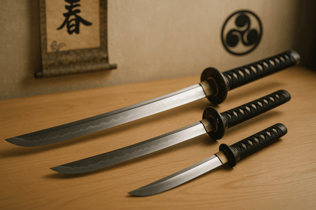 alt_text: Elegant display of katana, wakizashi, and tantō with cultural symbols, embodying Japanese martial arts.