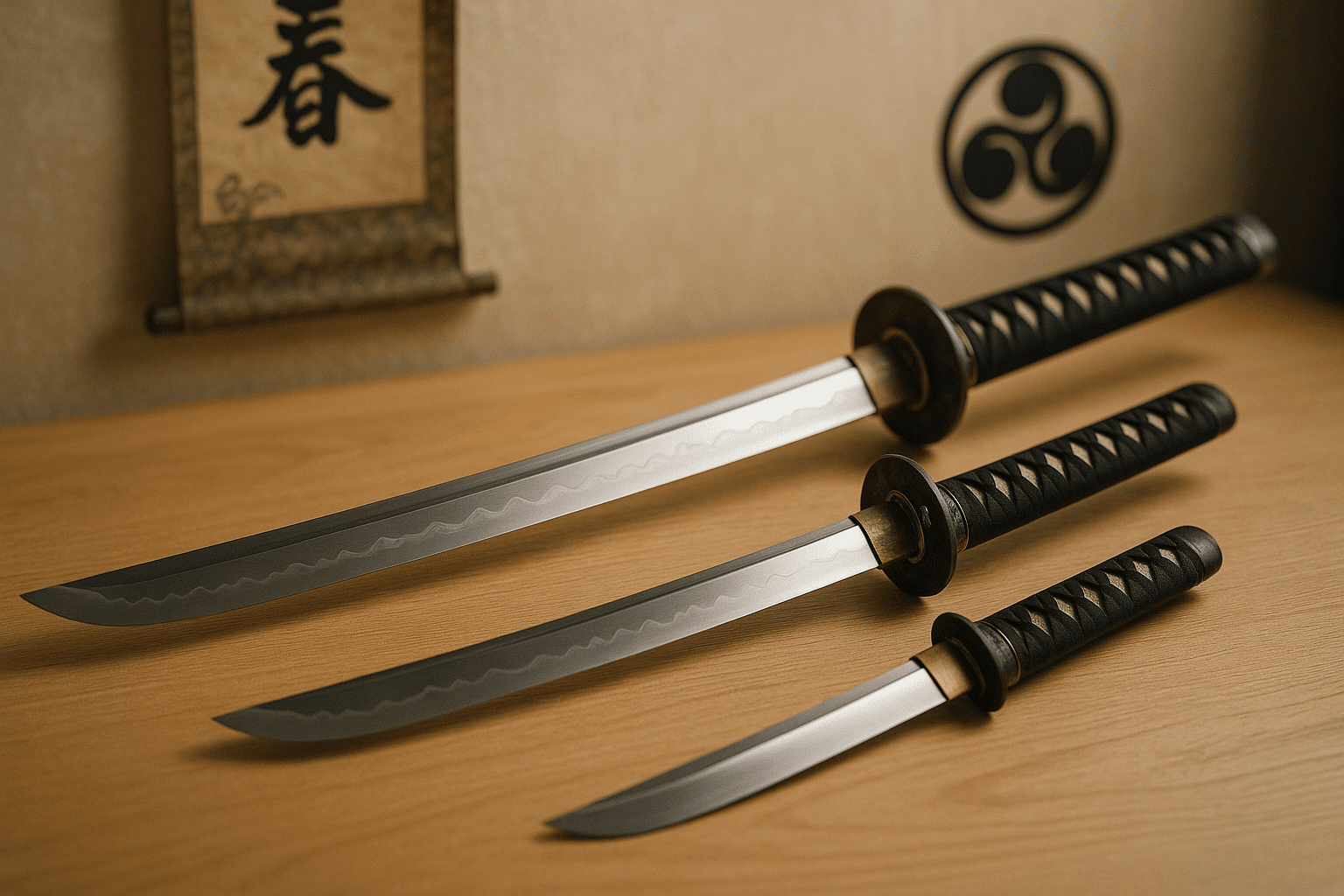 alt_text: Elegant display of katana, wakizashi, and tantō with cultural symbols, embodying Japanese martial arts.