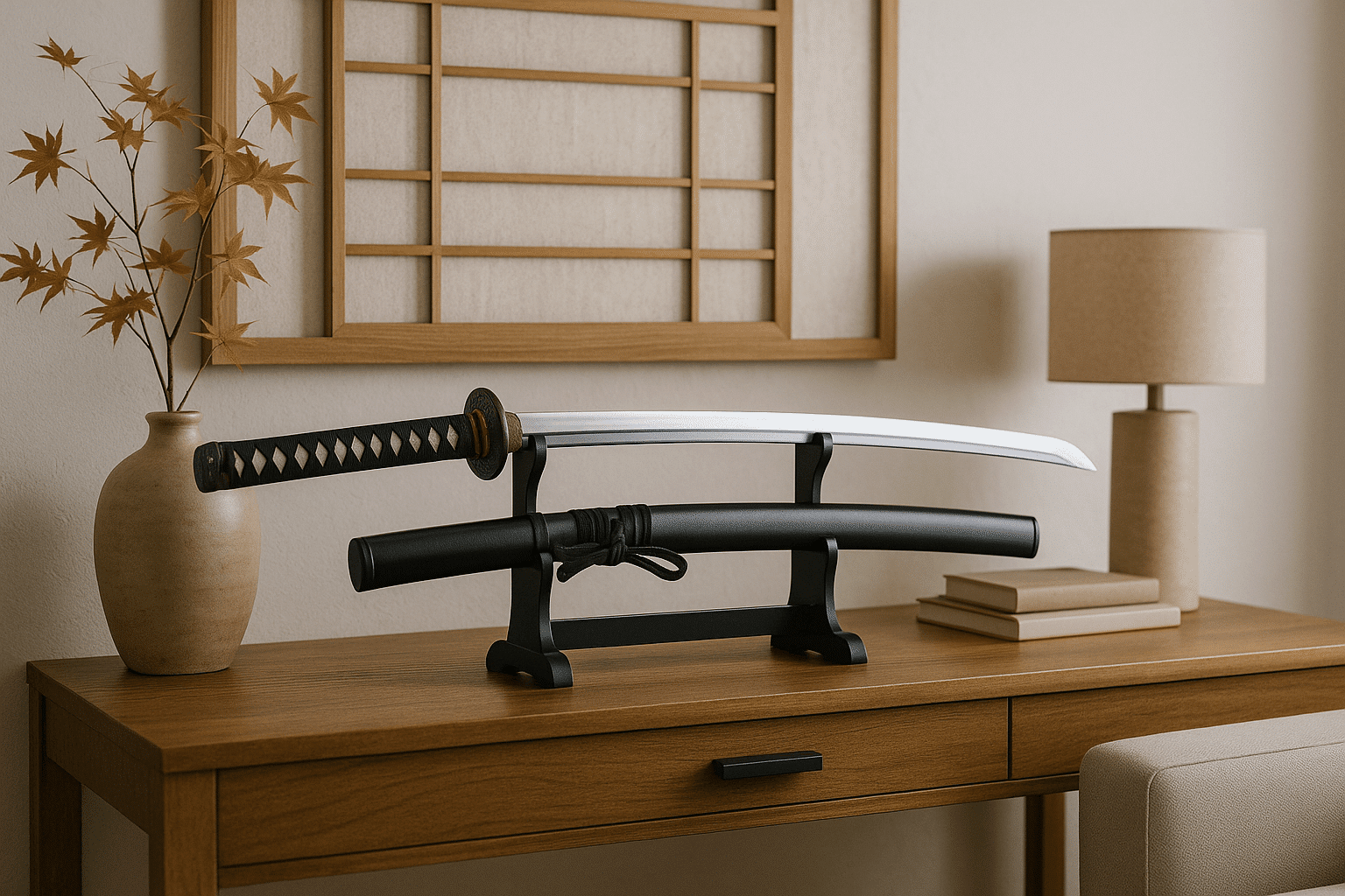 alt_text: A stylish home display featuring a katana, blending traditional Japanese design with modern decor.