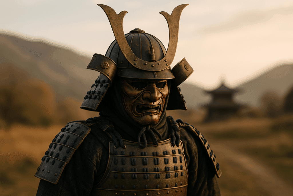 alt_text: A striking cover image featuring a kabuto helmet, menpo mask, and samurai armour in a historic landscape.