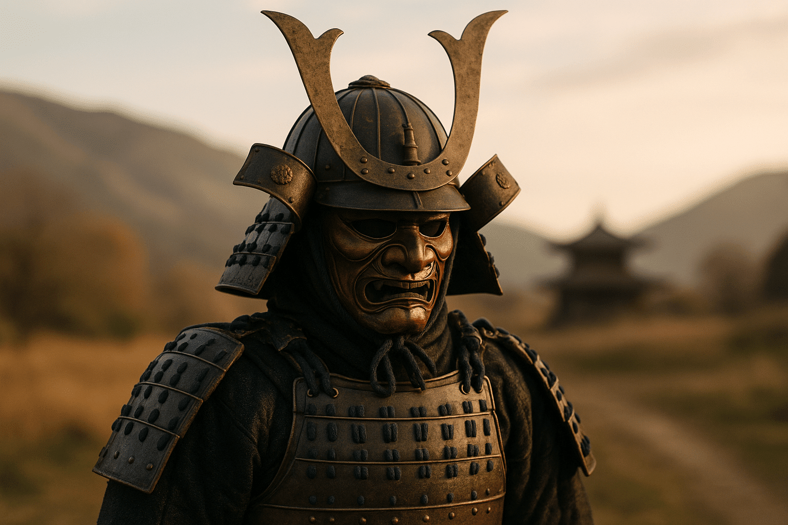 alt_text: A striking cover image featuring a kabuto helmet, menpo mask, and samurai armour in a historic landscape.