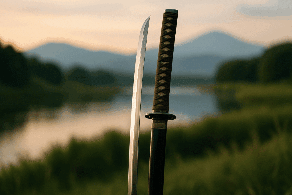 alt_text: A katana glimmers in soft light, framed by serene landscapes, embodying precision and philosophy.