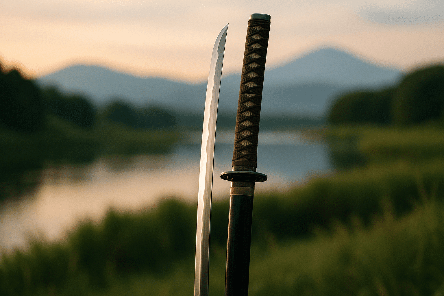 alt_text: A katana glimmers in soft light, framed by serene landscapes, embodying precision and philosophy.