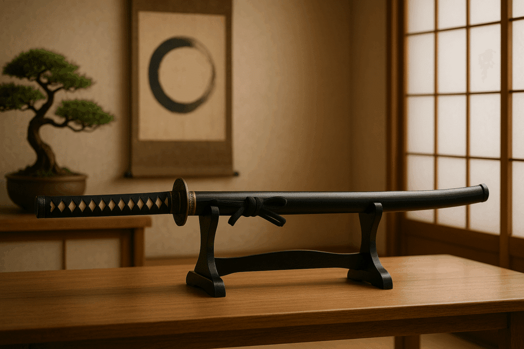 alt_text: Elegant katana display amidst serene Japanese design elements, embodying culture and tranquility.