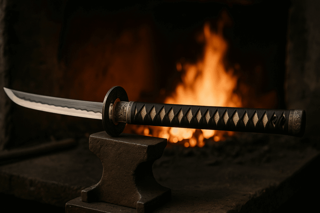 alt_text: Hand-made katana in a forge, showcasing its beauty and craftsmanship, blending tradition and artistry.