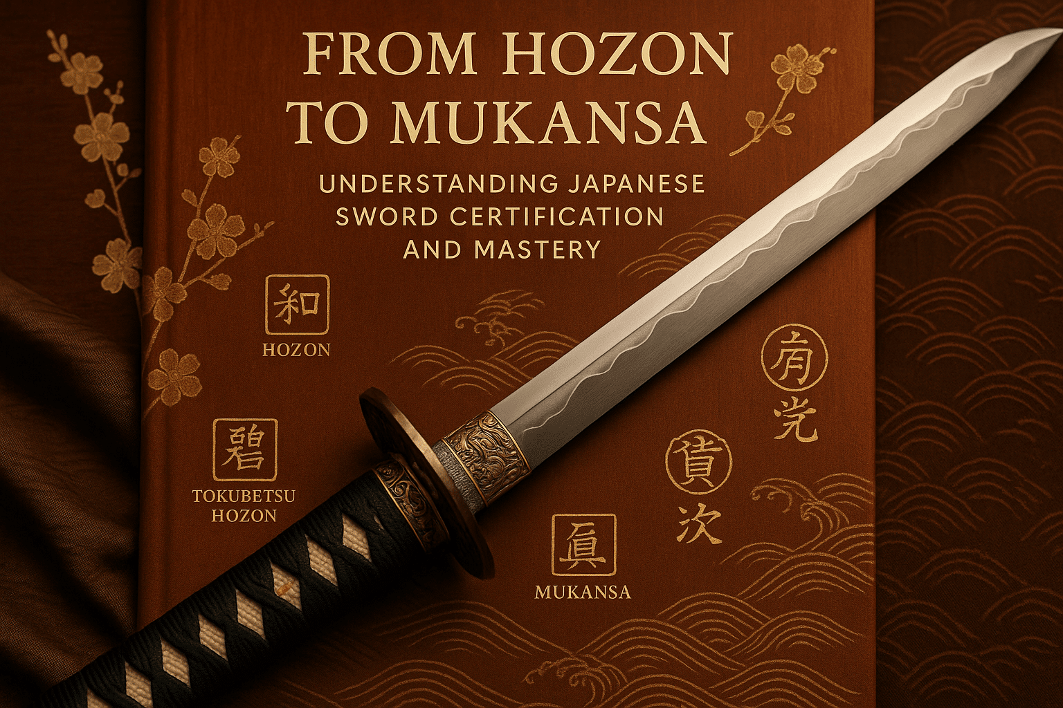 alt_text: A beautifully crafted katana surrounded by cultural motifs, symbolizing Japanese swordsmithing mastery.