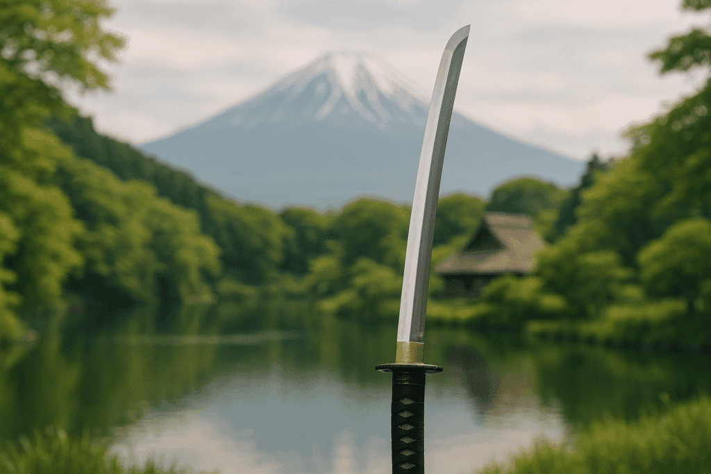 alt_text: A serene Japanese landscape showcases a katana, symbolizing the artistry and spirit of sword mastery.