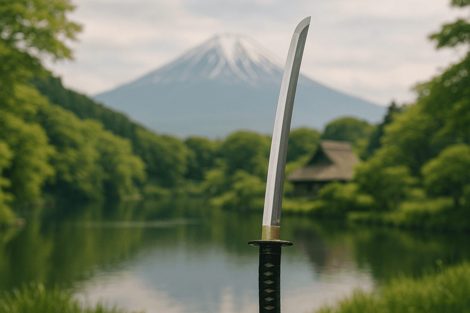 alt_text: A serene Japanese landscape showcases a katana, symbolizing the artistry and spirit of sword mastery.