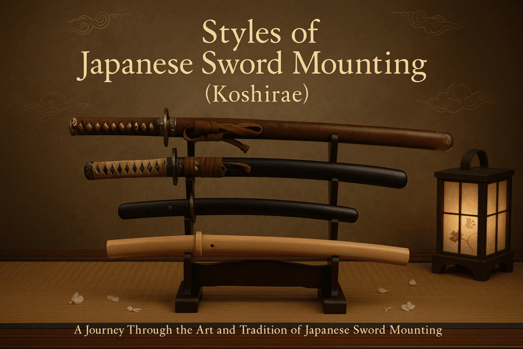 alt_text: Elegant display of Japanese swords and koshirae on a traditional background, highlighting craftsmanship.
