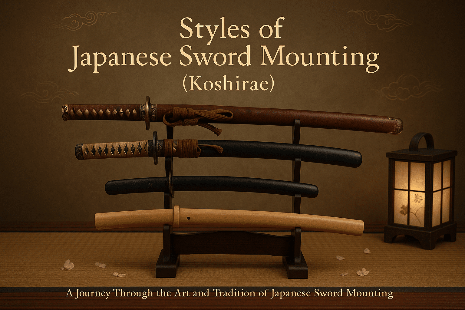 alt_text: Elegant display of Japanese swords and koshirae on a traditional background, highlighting craftsmanship.