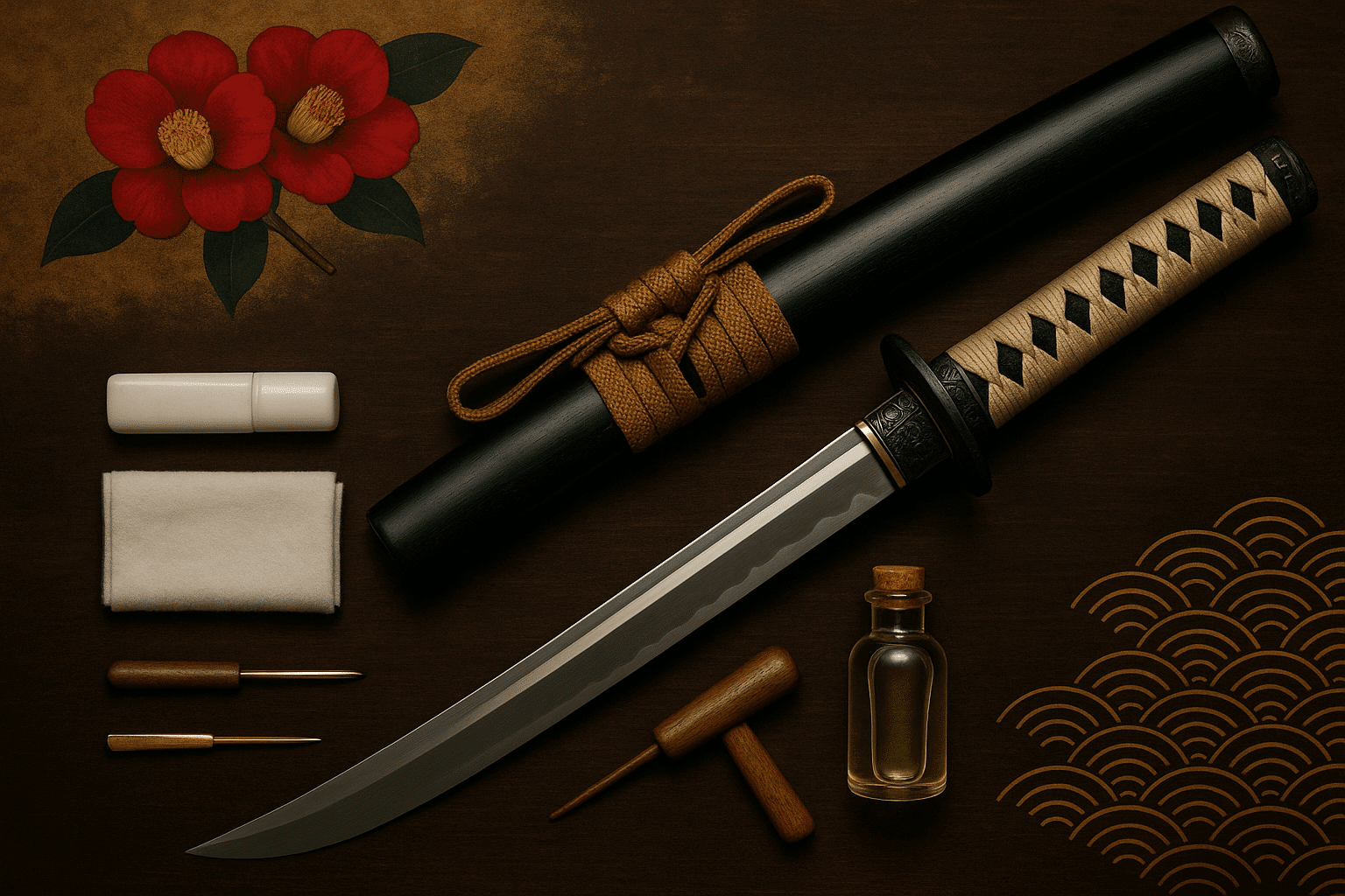 alt_text: Elegant katana cover design featuring traditional Japanese elements, tools, and rich colors.