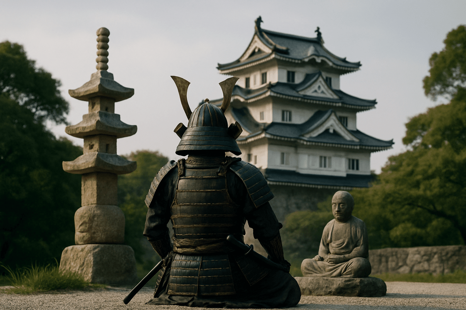 alt_text: A powerful book cover featuring a Japanese castle, samurai, and tranquil Zen elements, symbolizing Hōjō strength.