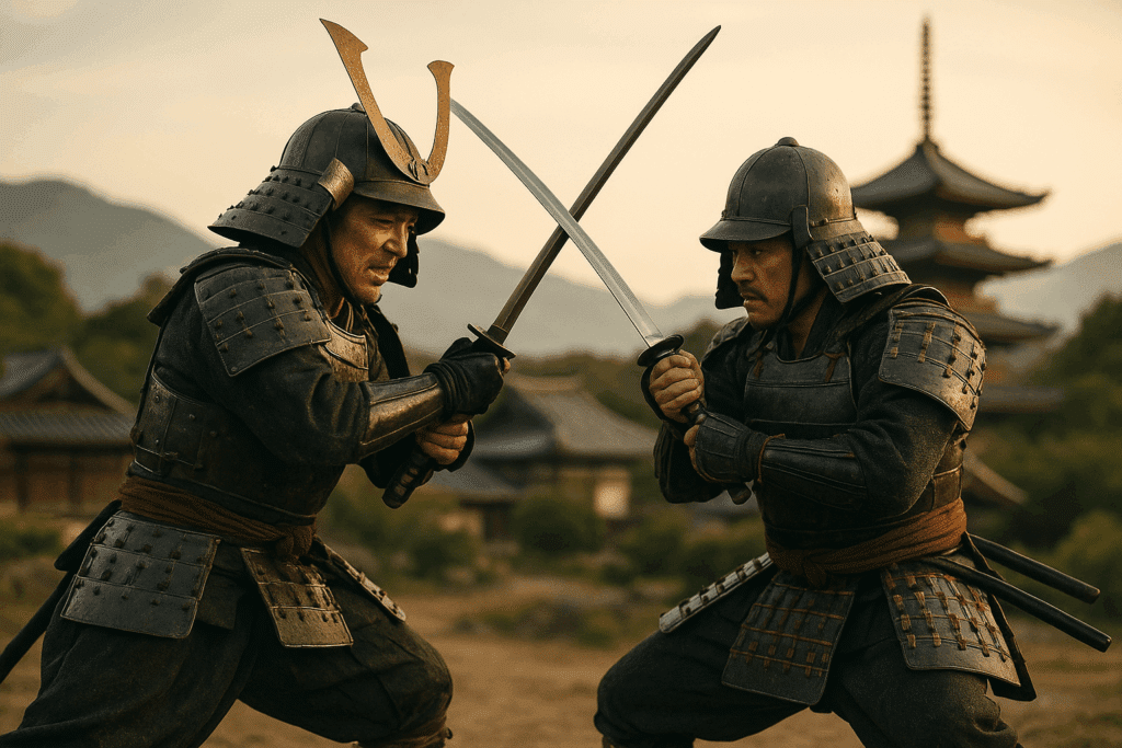 alt_text: Dynamic duel between samurai in traditional armor against a serene feudal Japan backdrop.