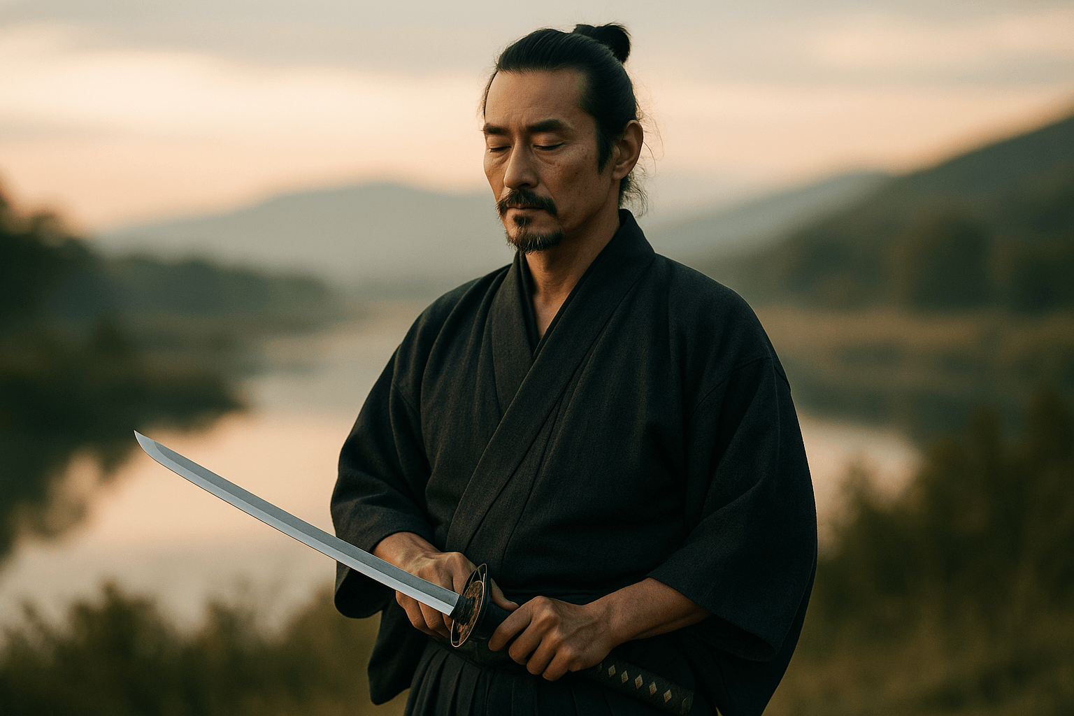 alt_text: A serene samurai with a katana, set against a tranquil landscape, symbolizes mastery and self-discovery.