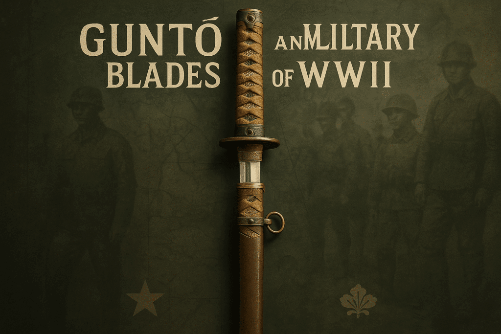 alt_text: A striking cover featuring a Guntō sword, set against a muted military backdrop, embodying WWII history.
