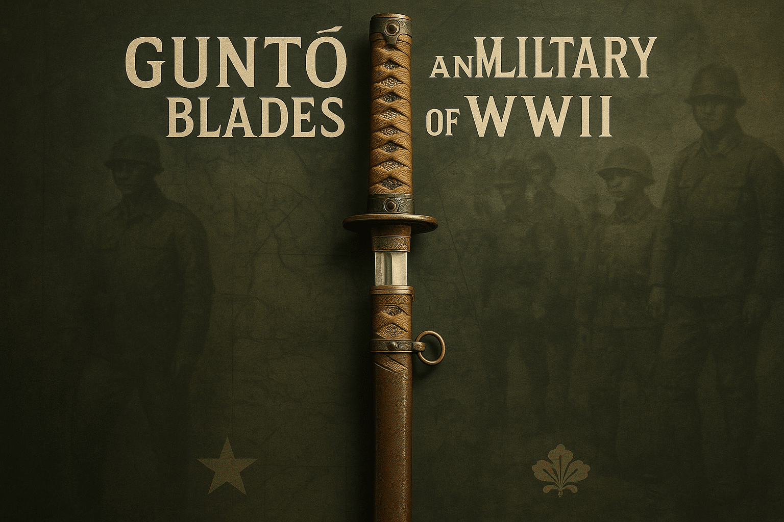 alt_text: A striking cover featuring a Guntō sword, set against a muted military backdrop, embodying WWII history.