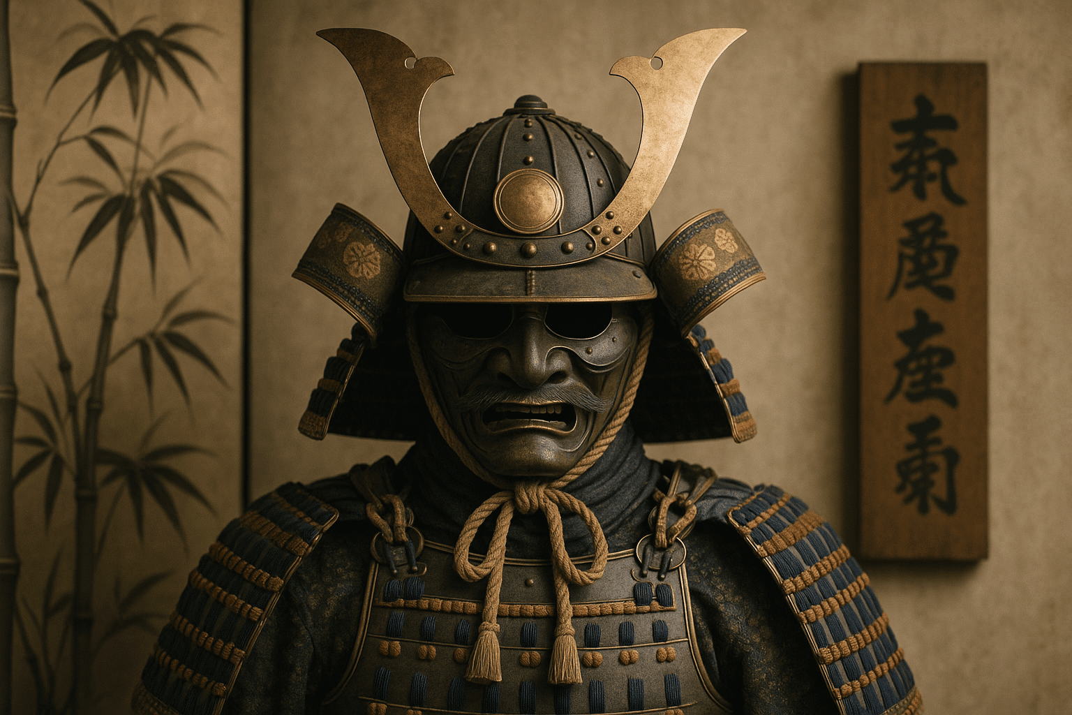 alt_text: A detailed illustration of samurai armor with a central Kabuto helmet and traditional Japanese elements.