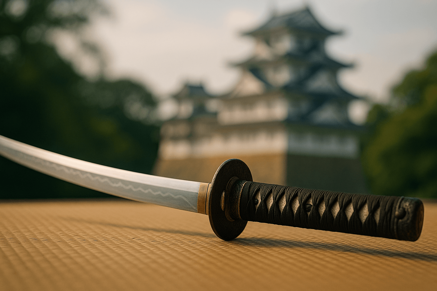 alt_text: A stunning Edo-period katana rests on tatami, set against a blurred castle backdrop, exuding heritage.
