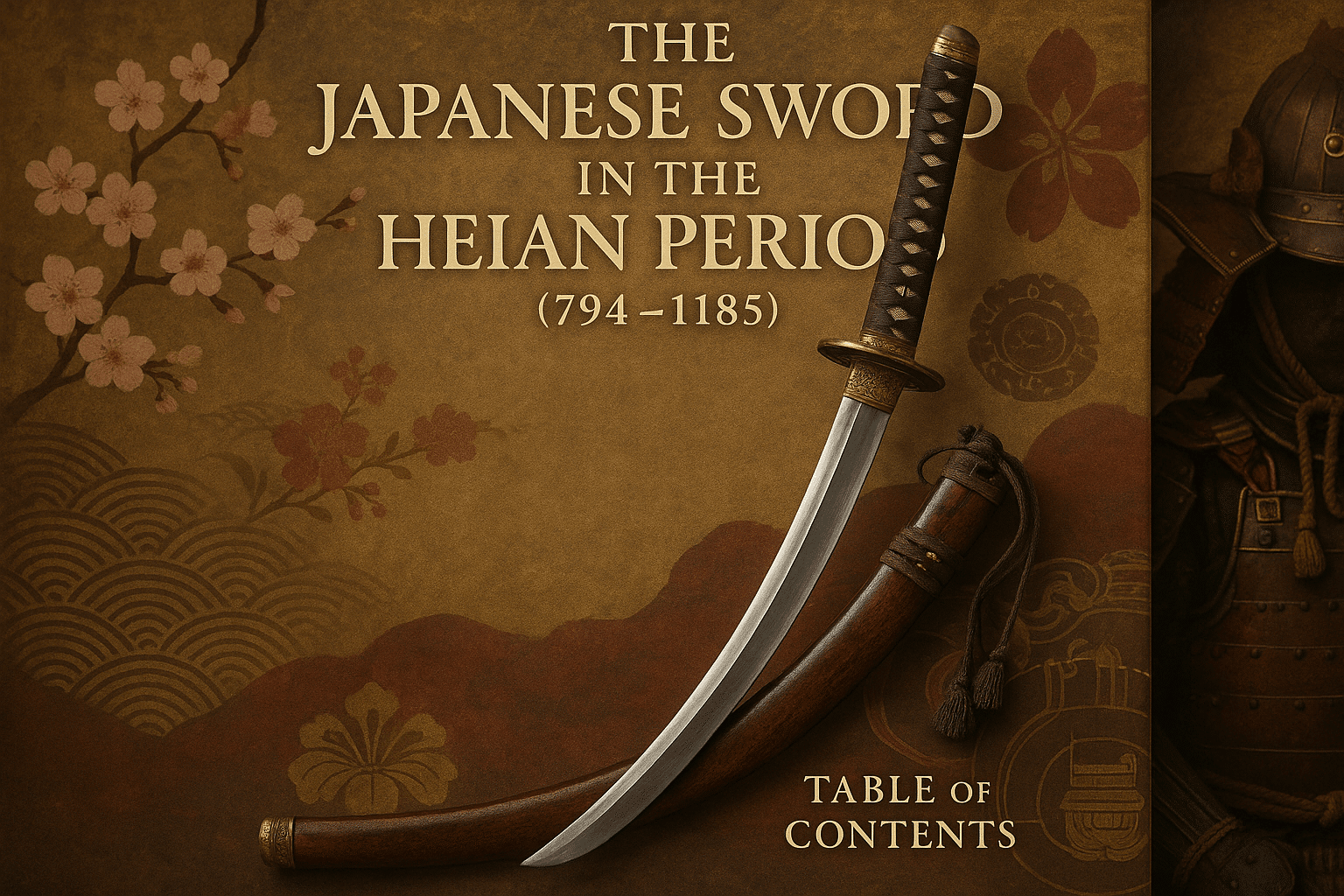 alt_text: A beautifully crafted tachi sword amidst Heian motifs, embodying Japan's rich cultural heritage.