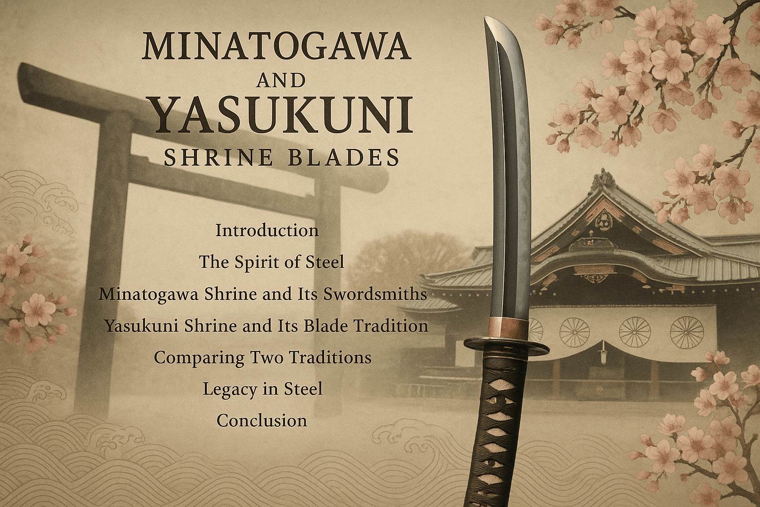 alt_text: Elegant katana surrounded by shrine symbols, embodying tradition and artistry in a muted backdrop.