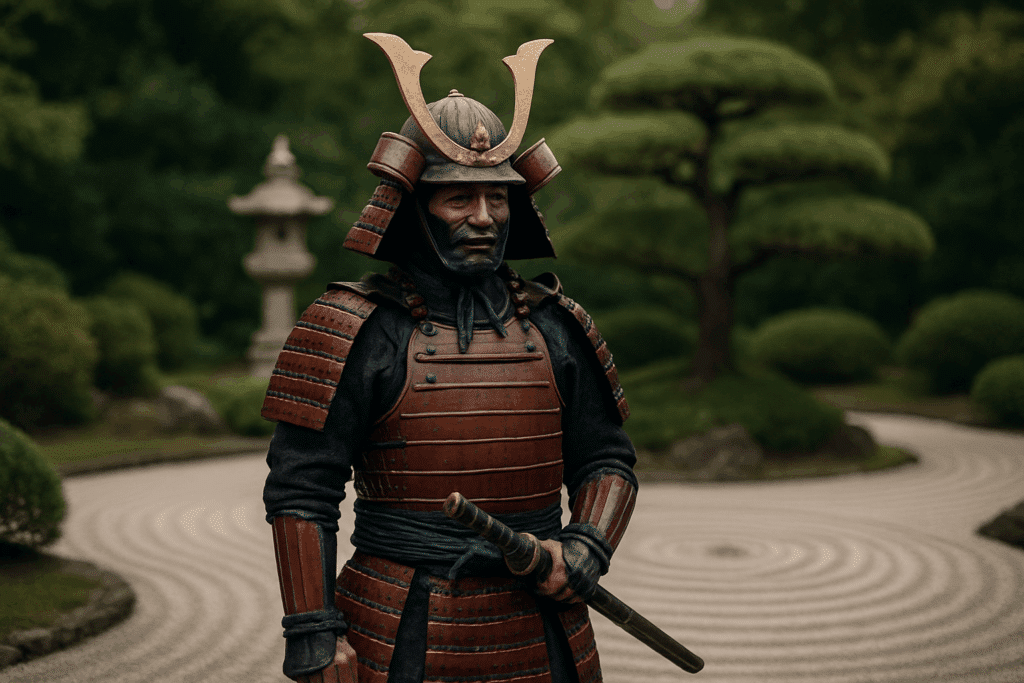 alt_text: Samurai in armor stands in a Zen garden, embodying spirituality, discipline, and mindfulness.