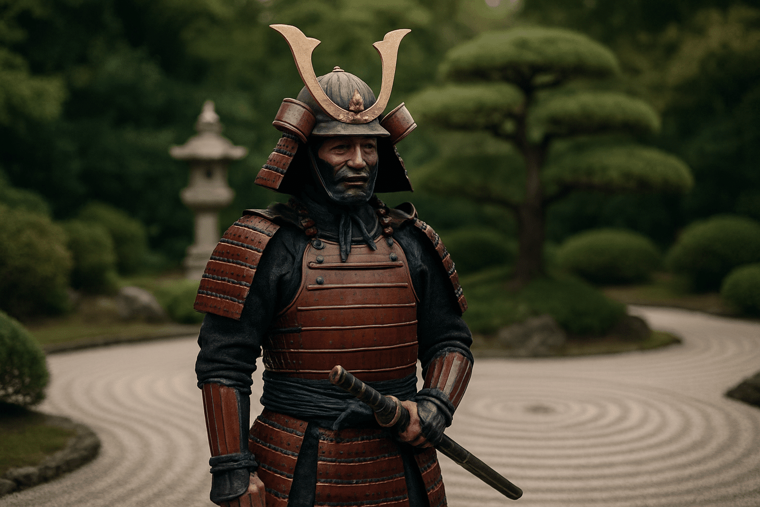 alt_text: Samurai in armor stands in a Zen garden, embodying spirituality, discipline, and mindfulness.
