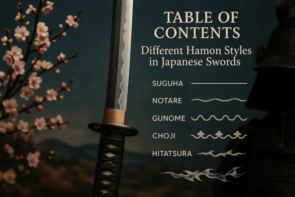 alt_text: A katana showcases various hamon styles, surrounded by cherry blossoms, reflecting Japanese artistry.