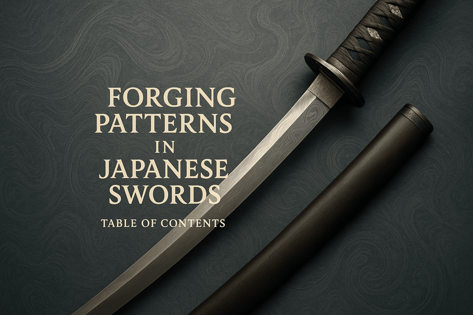alt_text: A serene cover featuring a katana with intricate patterns against a textured steel backdrop.