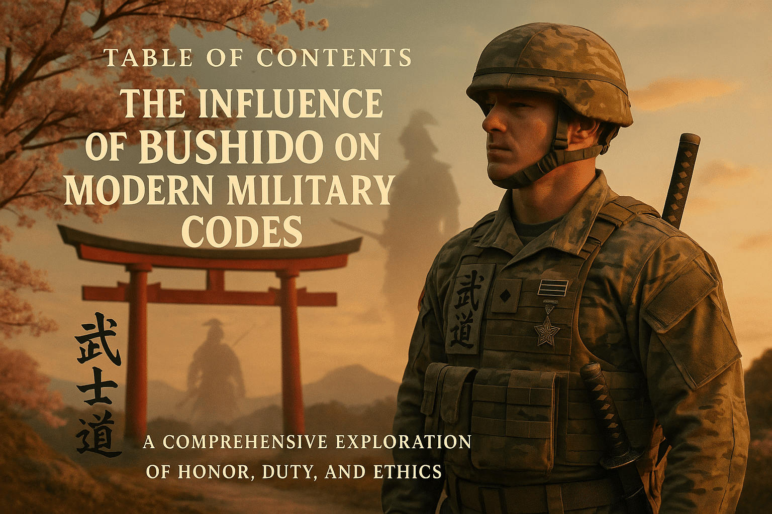 alt_text: A fusion of samurai and modern soldier in a serene Japanese landscape, symbolizing Bushido's legacy.