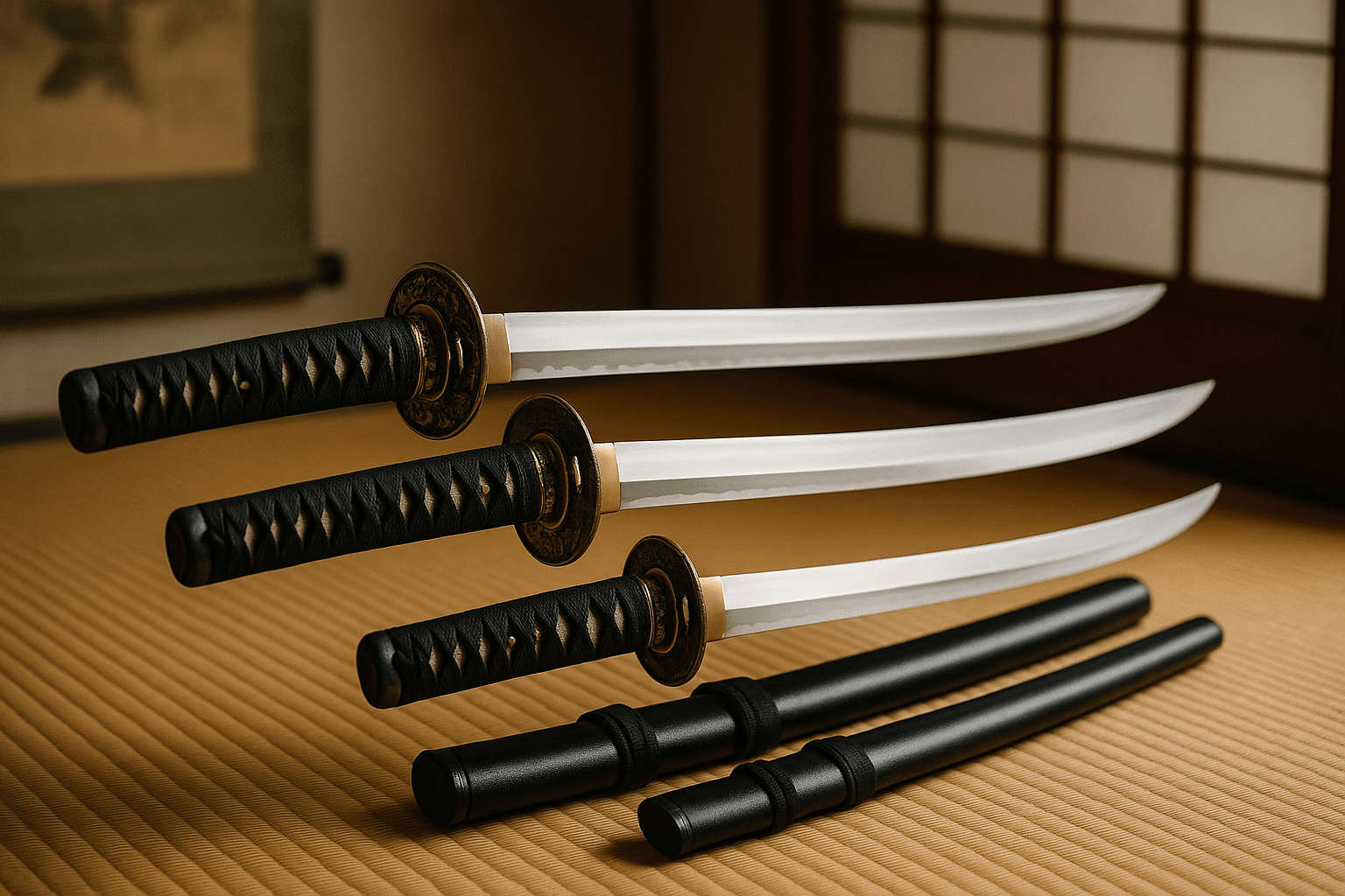 alt_text: Three elegant Japanese swords—the katana, wakizashi, and tantō—arranged in a cultural setting.