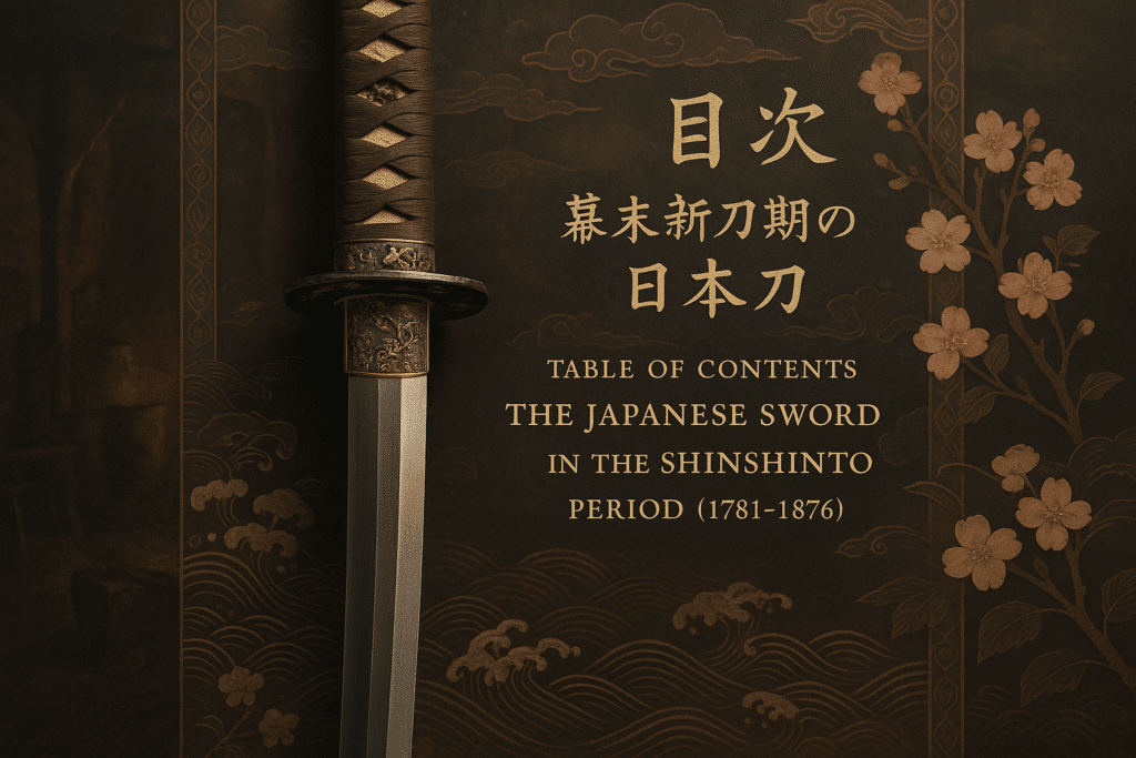 alt_text: Intricate cover featuring a Shinshinto sword, cherry blossoms, and Edo motifs, showcasing samurai heritage.