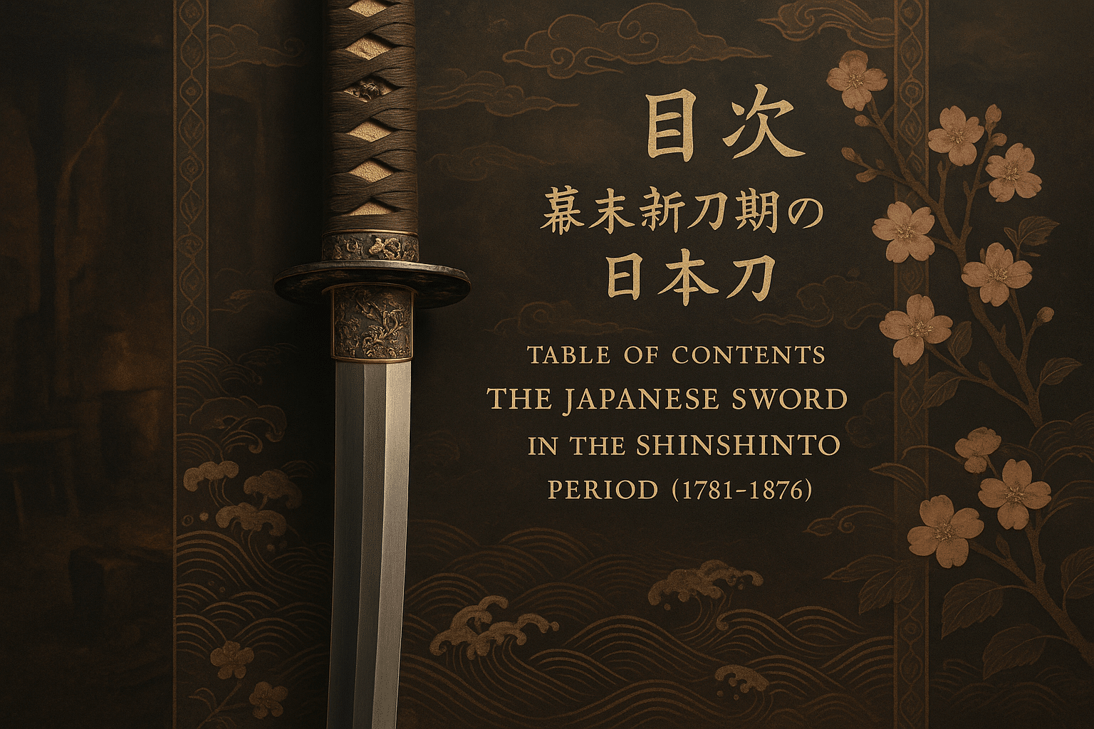 alt_text: Intricate cover featuring a Shinshinto sword, cherry blossoms, and Edo motifs, showcasing samurai heritage.