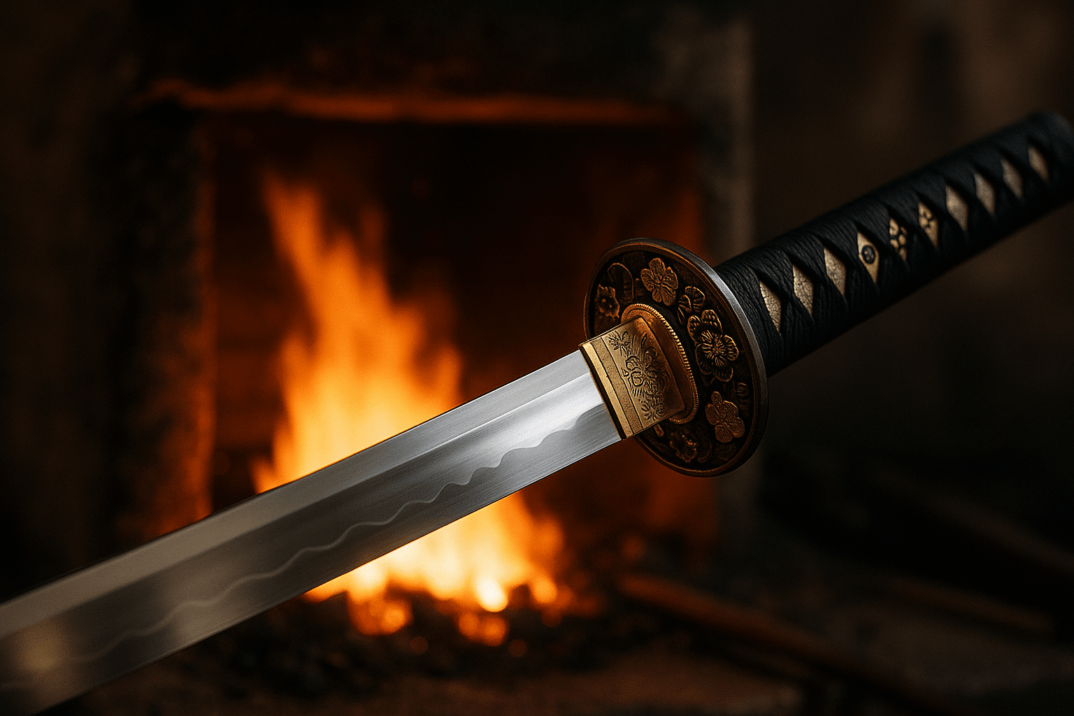 alt_text: "A stunning katana highlights craftsmanship, with a glowing forge background and cultural motifs."