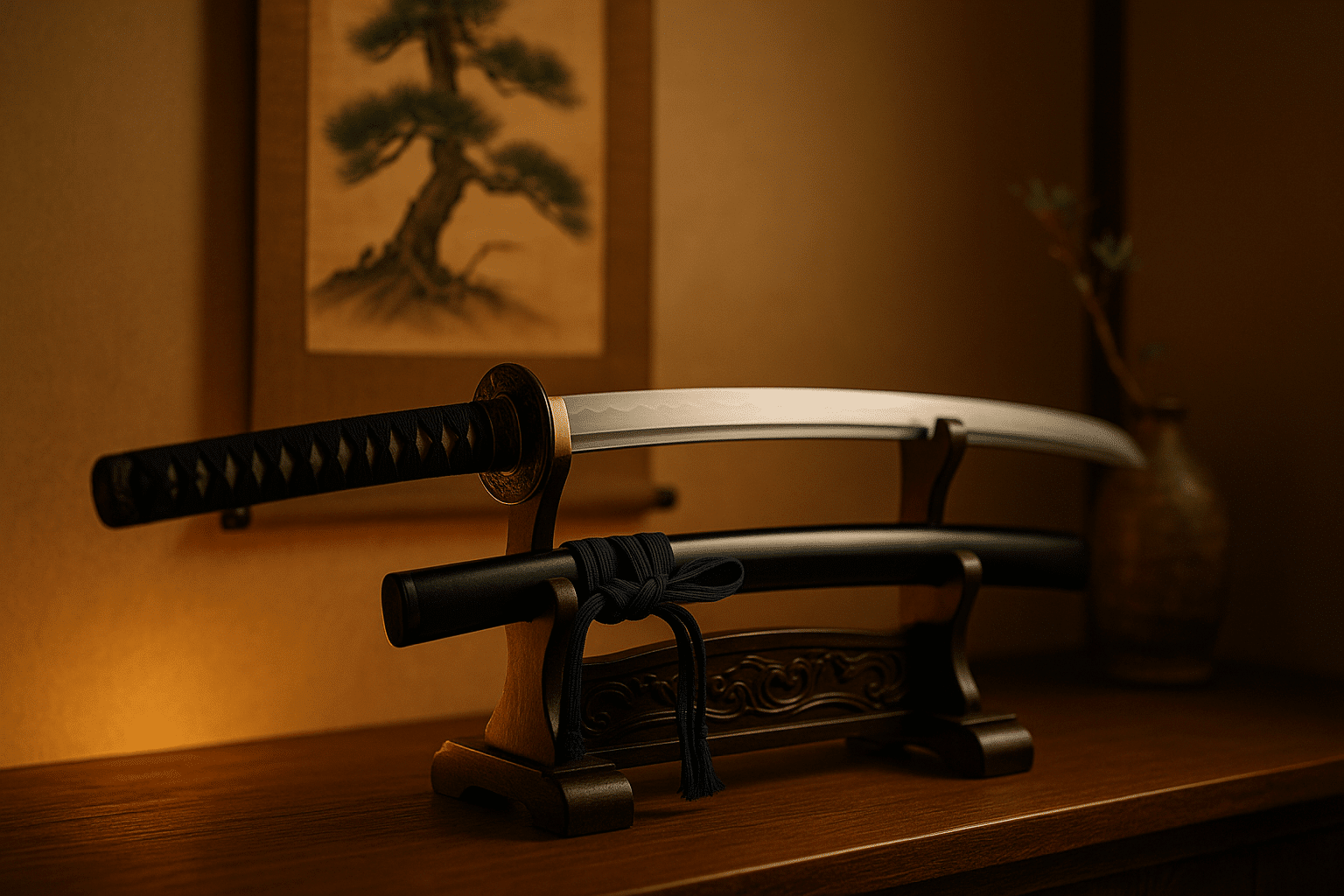 alt_text: Stunning cover featuring a katana on a polished stand, accented by warm lighting and cultural elements.