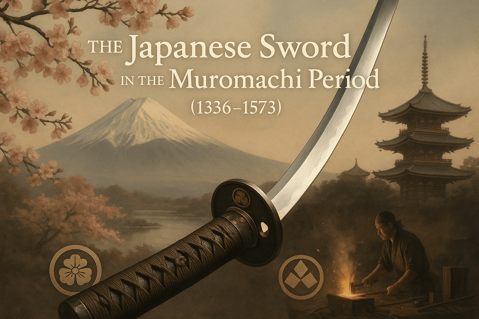 A serene cover featuring a katana against a traditional Japanese landscape, capturing Muromachi history.