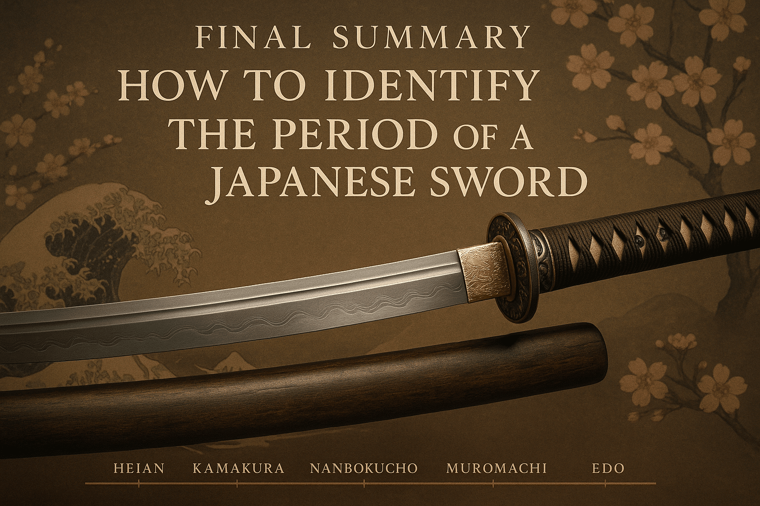alt_text: A detailed cover of a katana showcases Japanese sword history, highlighting five historical periods.