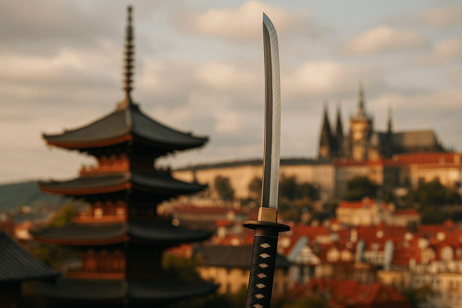 alt_text: A striking cover featuring a katana against a blend of Japanese architecture and European landscapes.