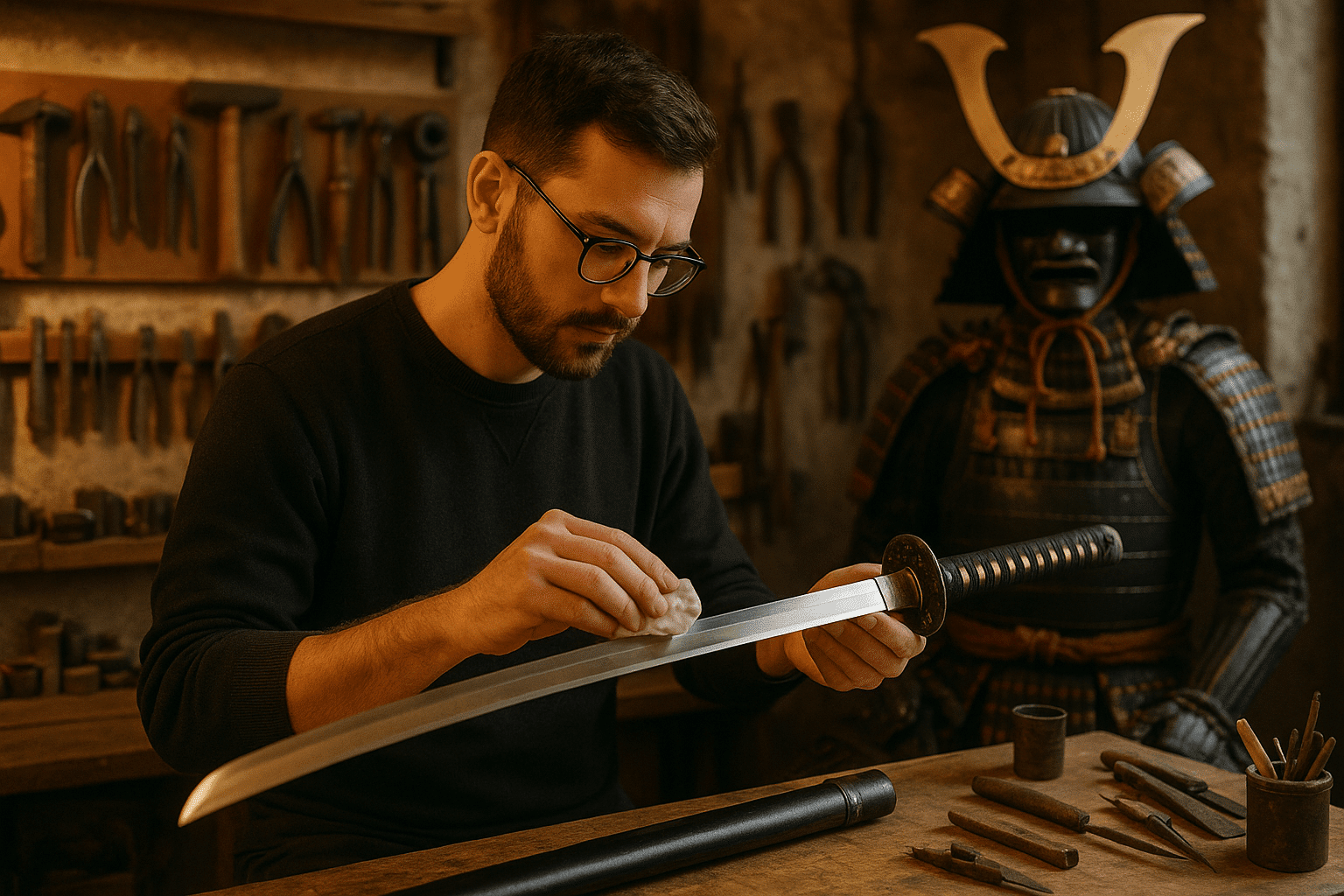 alt_text: "A skilled artisan restores a katana and samurai armor in a warm, inviting workshop filled with tools."