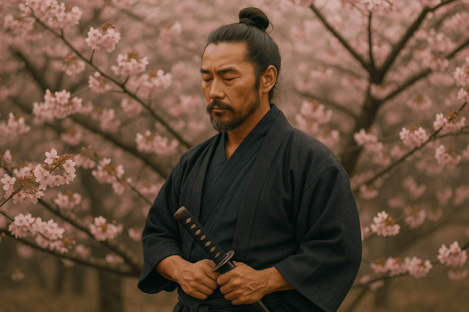 alt_text: Cover design features a serene samurai amidst cherry blossoms, embodying Bushidō virtues.