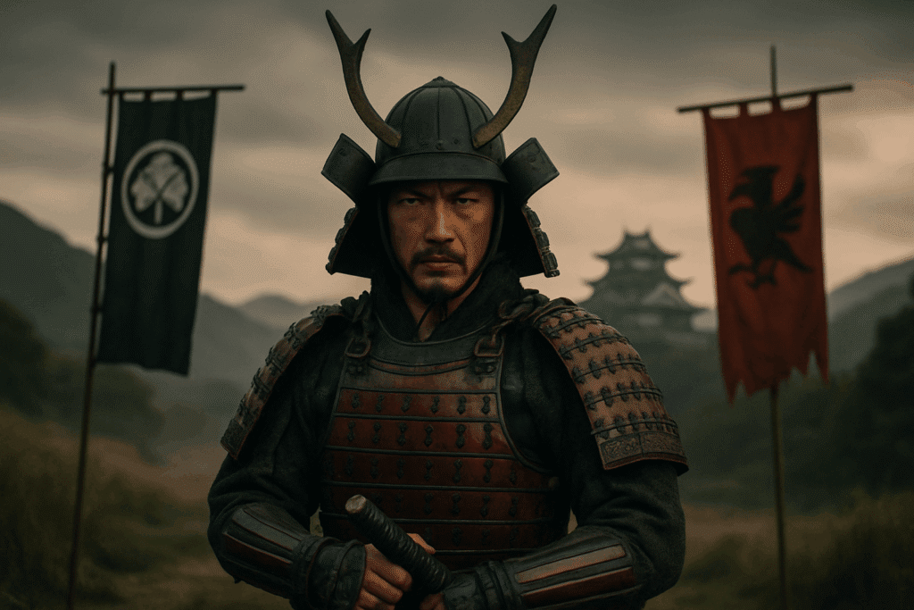 alt_text: A dramatic samurai in armor stands ready, surrounded by feudal landscapes, symbols of loyalty and betrayal.