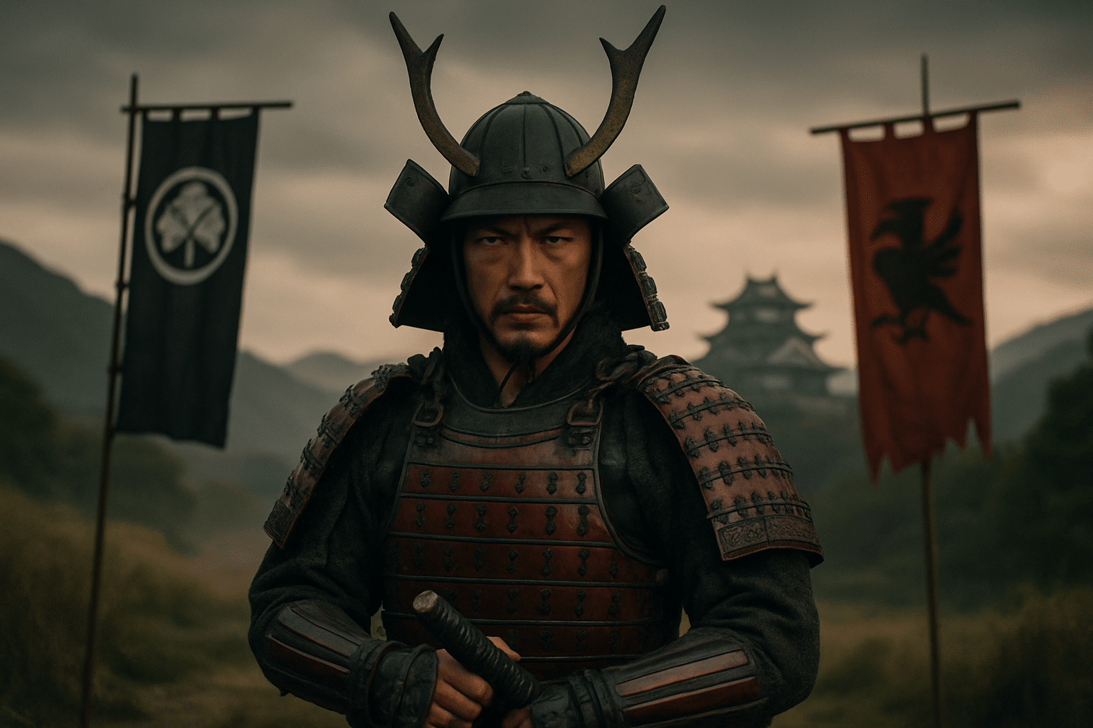 alt_text: A dramatic samurai in armor stands ready, surrounded by feudal landscapes, symbols of loyalty and betrayal.