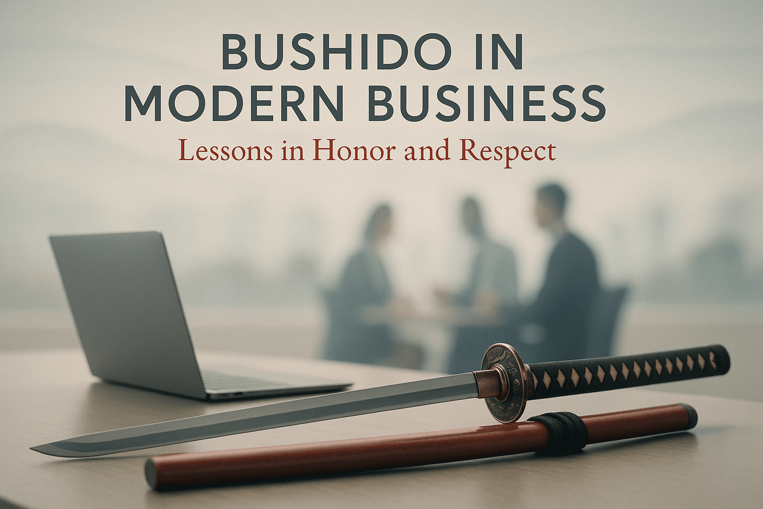 alt_text: A katana rests beside a laptop on a calm, minimalist background, merging Bushido with modern business ideals.
