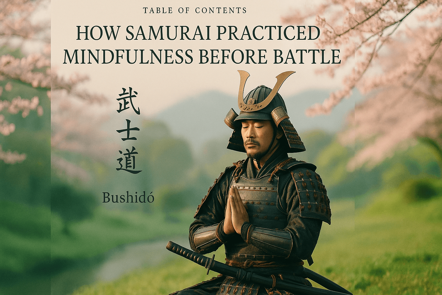 alt_text: A serene samurai meditates under cherry blossoms, embodying mindfulness and discipline in armor.