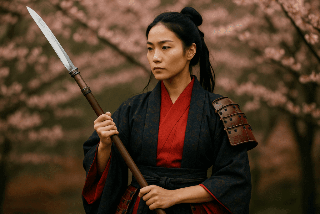 alt_text: Female samurai with naginata, blending strength and elegance amidst cherry blossoms and rich colors.