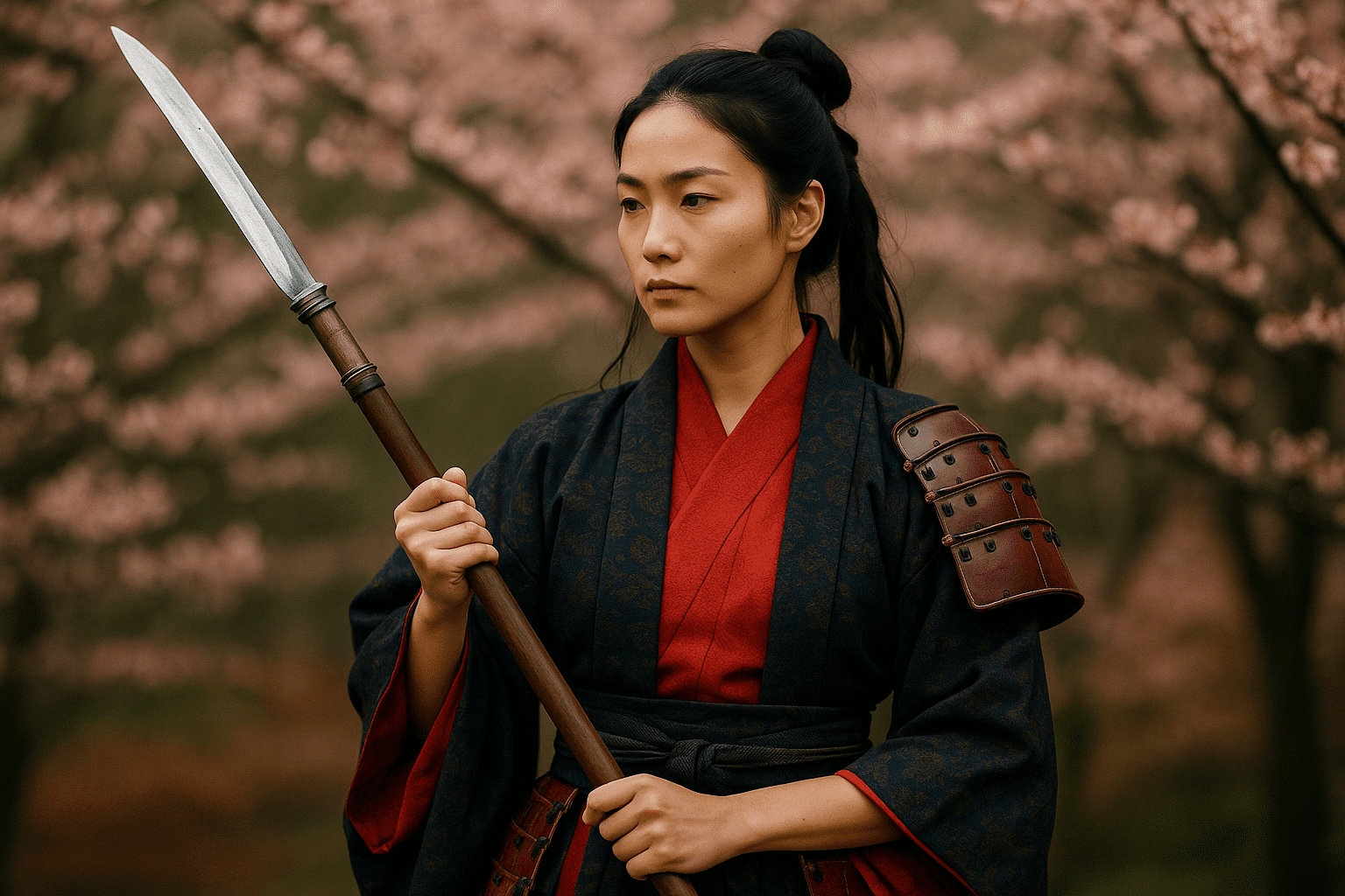 alt_text: Female samurai with naginata, blending strength and elegance amidst cherry blossoms and rich colors.