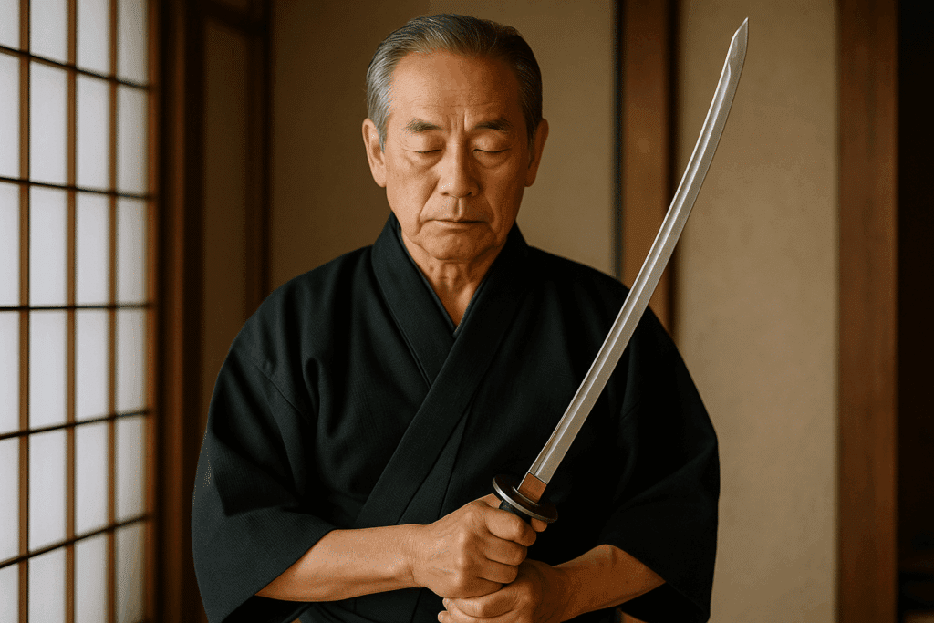 Alt_text: A serene portrait of Ōno Yoshimitsu Mukansa holding a katana, framed by traditional Japanese elements.