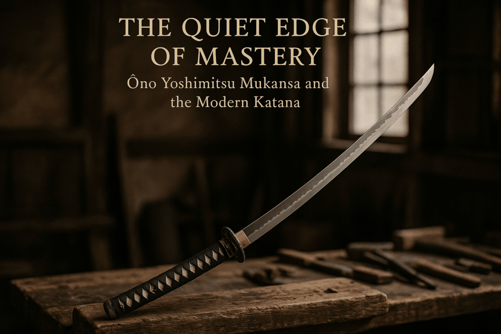 alt_text: Book cover featuring a stunning katana in a traditional workshop, celebrating Ōno Yoshimitsu's legacy.