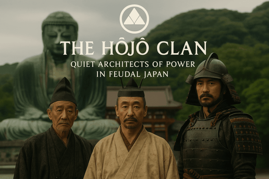 alt_text: Cover design for "The Hōjō Clan," featuring serene Kamakura, clan emblem, and historical figures.